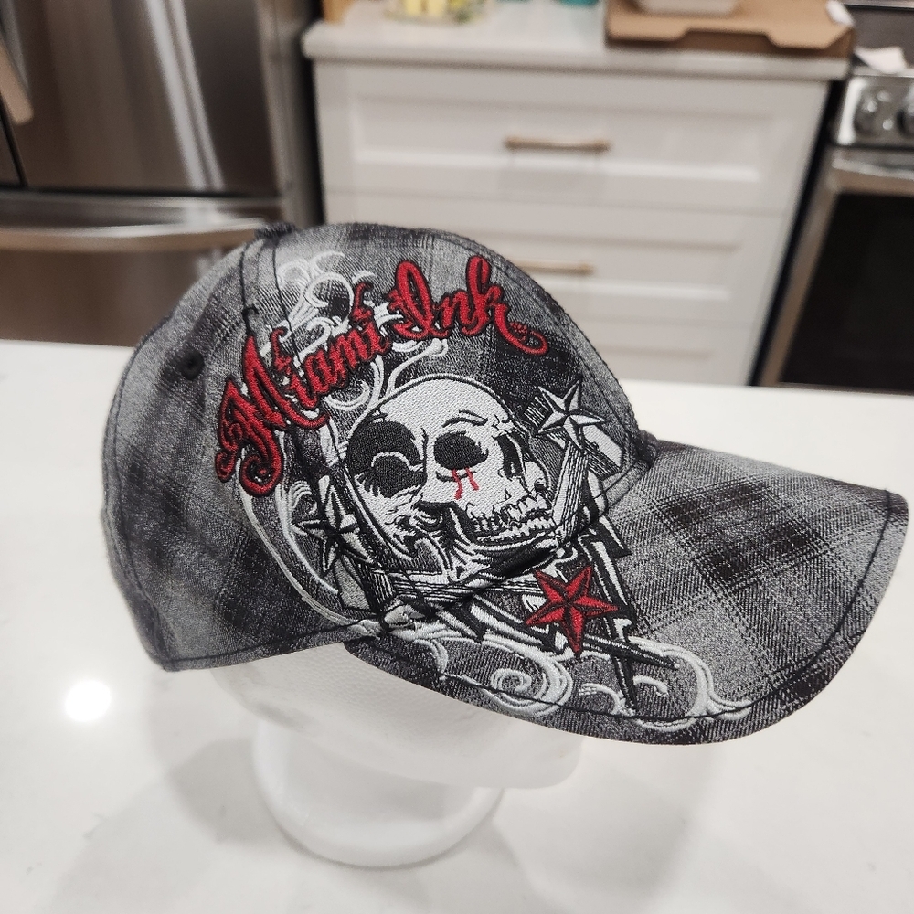 Miami Ink Hat Y2K Mens Cap Embroidered Skull Spell Out Logo Tattoo Plaid Gray